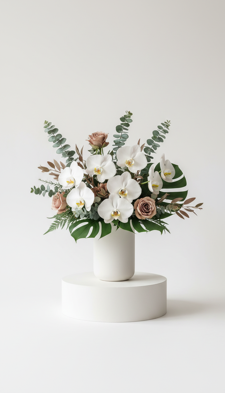 Orchid and greenery modern bouquet in matte white vase