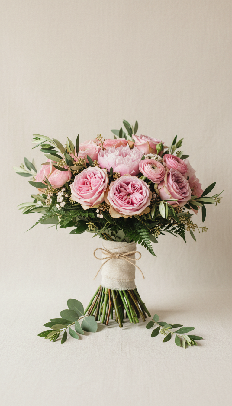 Petal Pink and Leafy Green Linen-Wrapped Bouquet