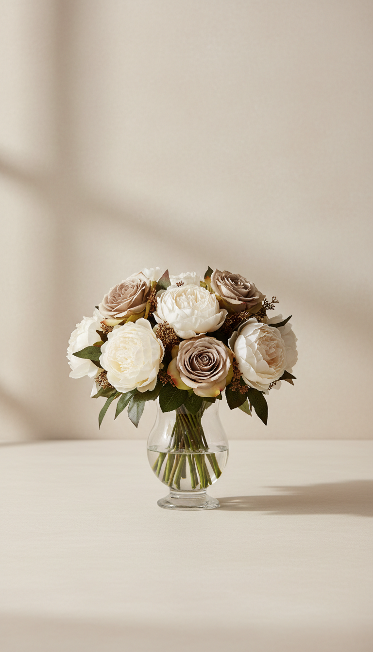 Ivory Rose and Peony Bouquet in Glass Vase