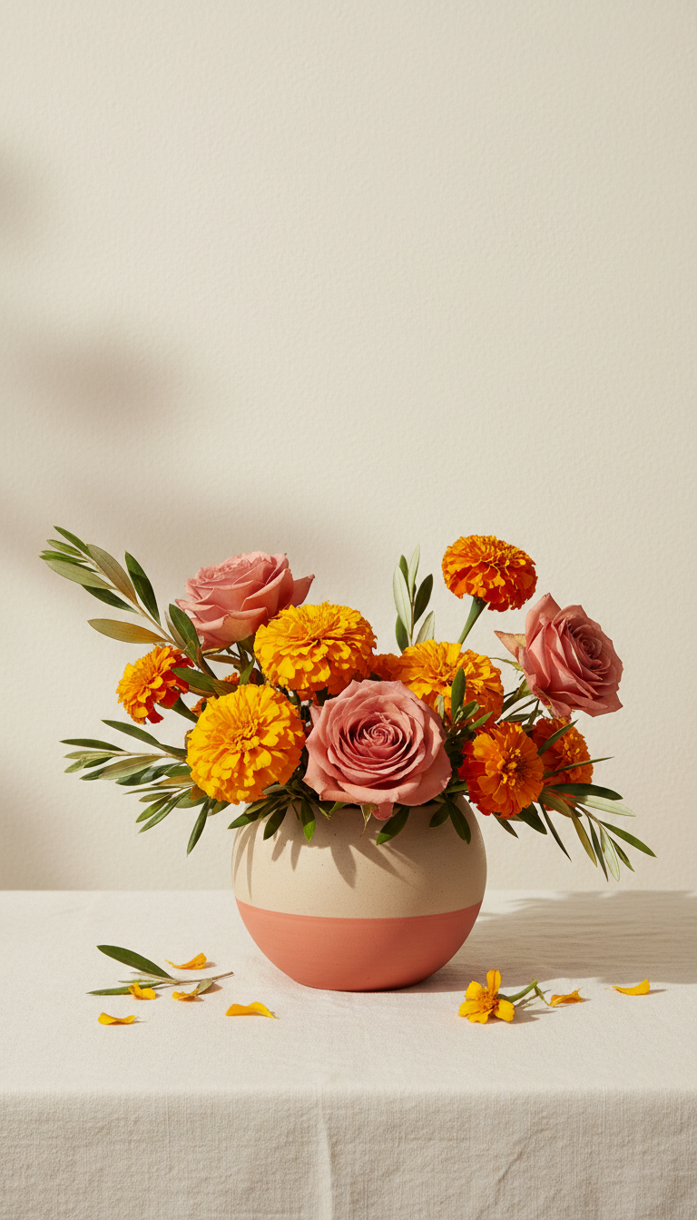 Marigold and Terracotta Rose Ceramic Arrangement