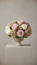 Blush Rose and Hydrangea Arrangement in Ceramic Urn