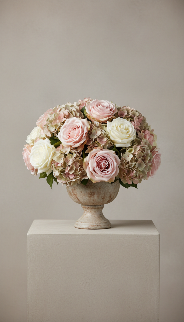 Blush Rose and Hydrangea Arrangement in Ceramic Urn