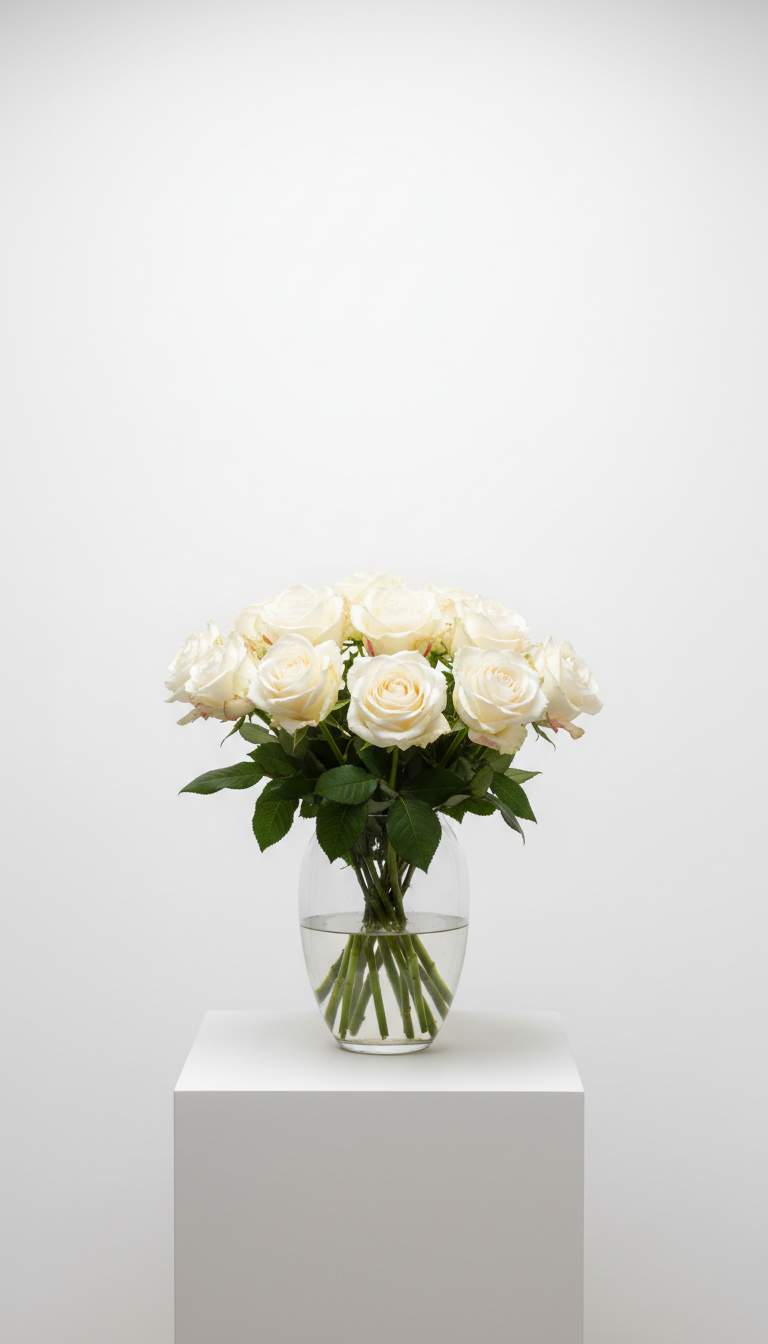 Classic white rose bouquet in glass vase