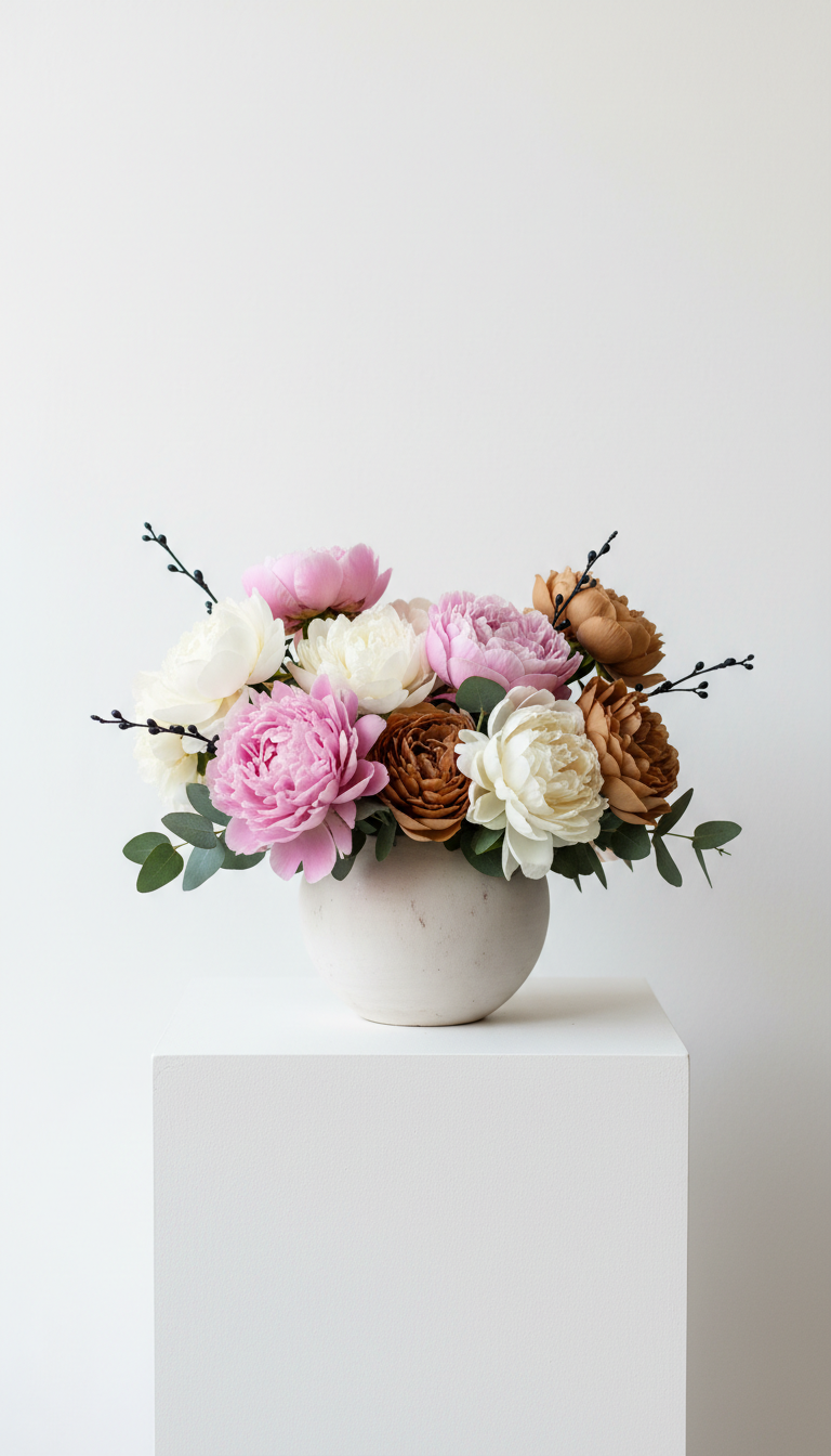 Seasonal mixed peony bouquet in ceramic vessel