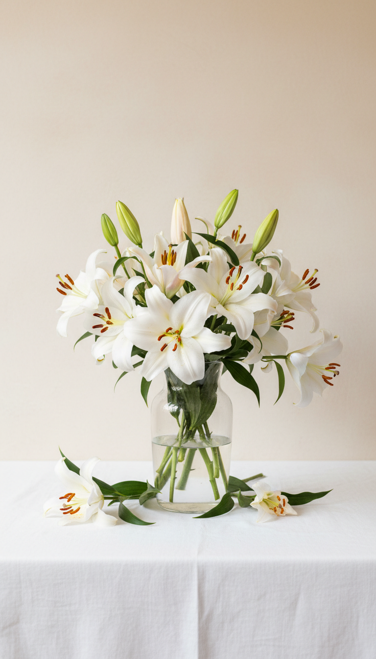 White Lily Bouquet in Glass Vase